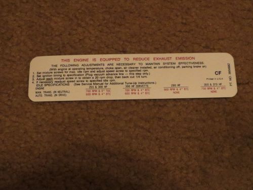 1969 chevrolet 255 290 300 350 370 engine emissions specifications decal sticker