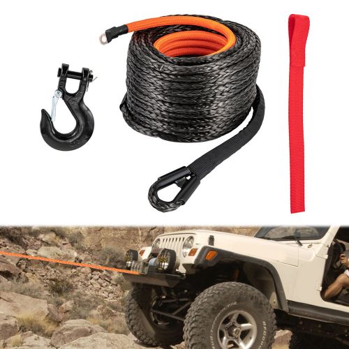 3/8" x 92ft 25500lb synthetic winch rope w/hook car tow recovery cable truck suv