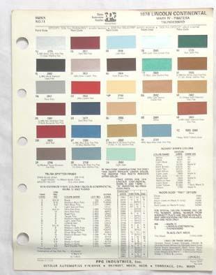 1976  lincoln  ppg  color paint chip chart all models  original