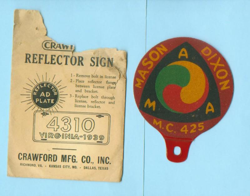 Sell MASON DIXON MOTORCYCLE CLUB LICENSE PLATE REFLECTOR HAMPSTEAD MD