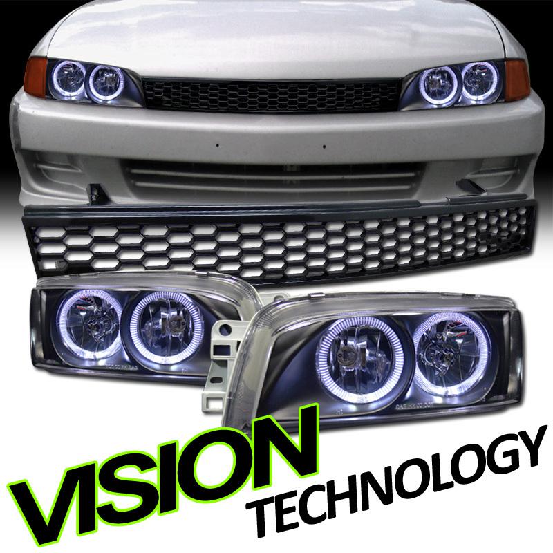 1997-2002 mirage 4d/4dr sedan jdm black crystal halo headlights+abs front grille