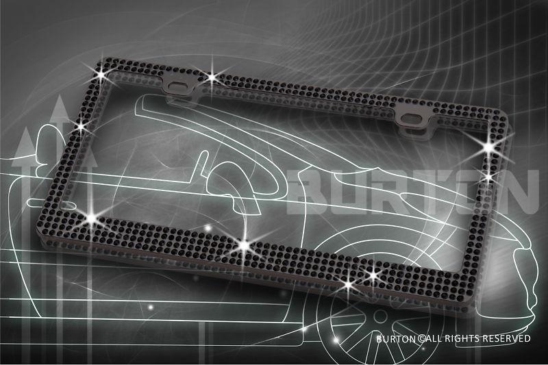 Bling 4 row black-c type cap real crystal embedded black license plate frame