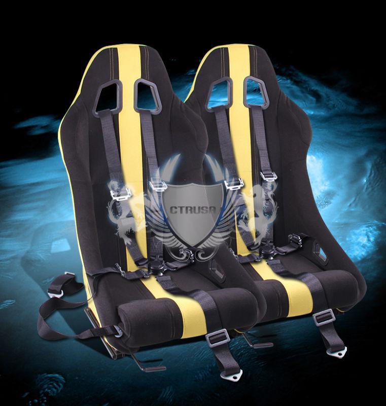 2x jdm f1 black/yellow stripe fabric racing bucket seats w/sliders+ 5-pt camlock