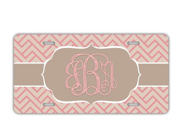 Monogrammed license plate taupe n pink maze monogram personalized car tag (1005)