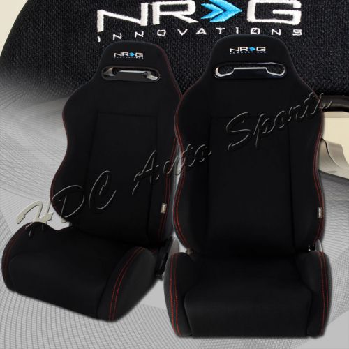 1 pair nrg black cloth recline red stitching racing seats + sliders universal 2
