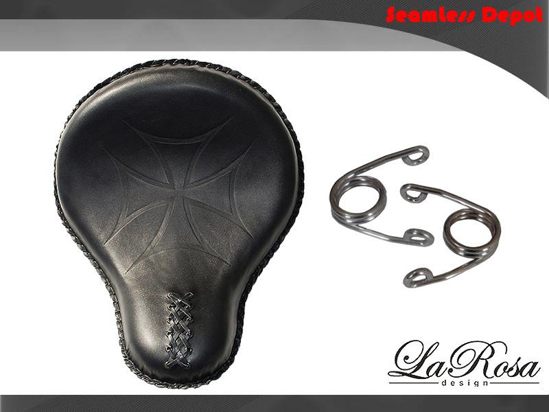 Larosa black leather iron cross design harley chopper solo seat + springs kit