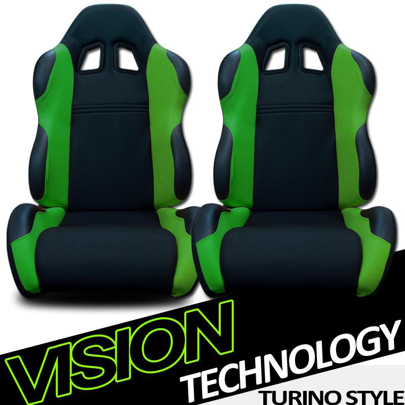 2pc lh+rh jdm blk/green fabric & pvc leather racing bucket seats+sliders new 11