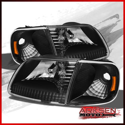 97-99 ford f150 f250 light duty black headlights+corner lamp pair set left+right