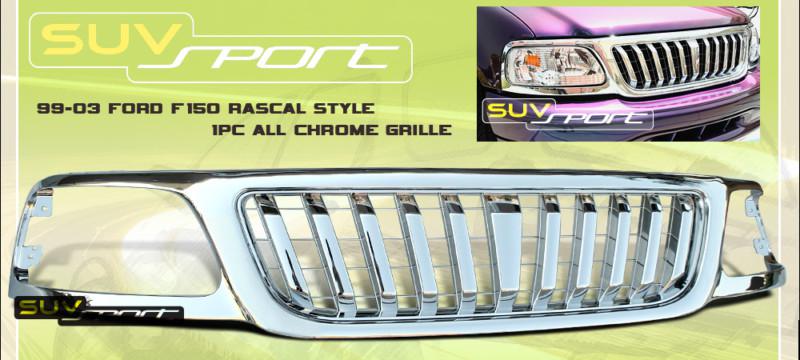 99 00 01 02 03 ford f150 f-150 vertical 1pc chrome grill grille replacement set