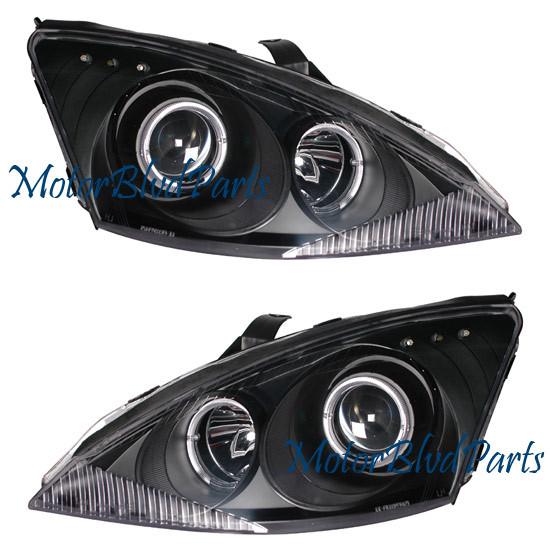 00-04 ford focus projector headlights w/halo & led black driver+passenger set