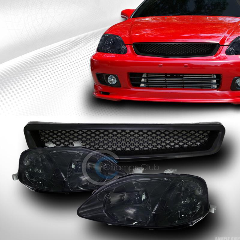 Smoke head lights signal+front bumper mesh grill grille blk 99-00 honda civic ek
