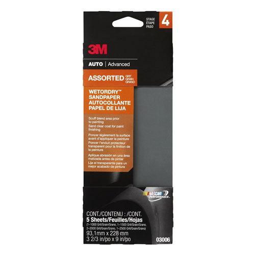3m wet or dry automotive sandpaper 3 2/3" x 9" sanding sheets assorted 5pk 3004