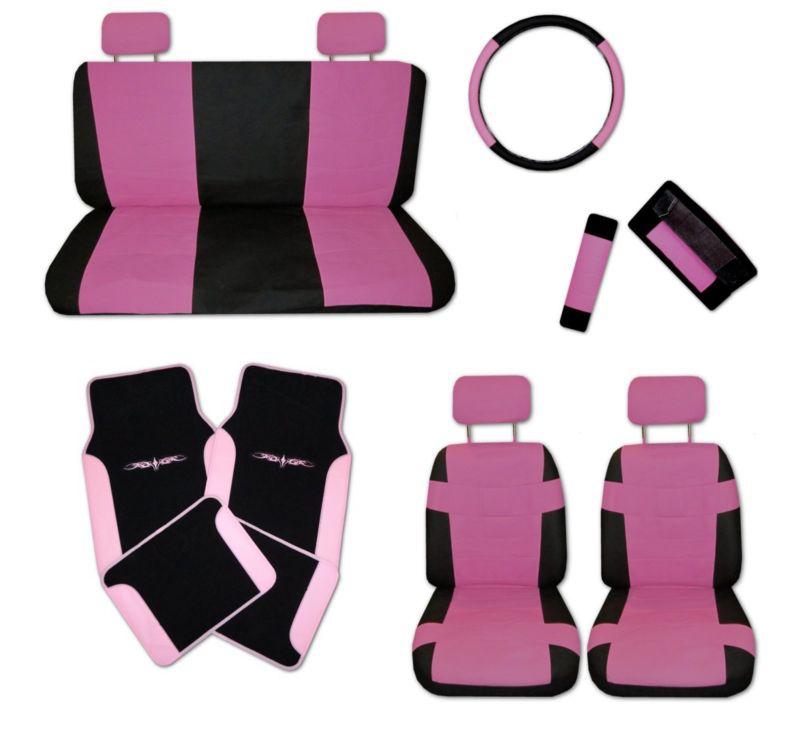 Superior faux leather pink blk car seat covers w/ pink tattoo floor mats  #e
