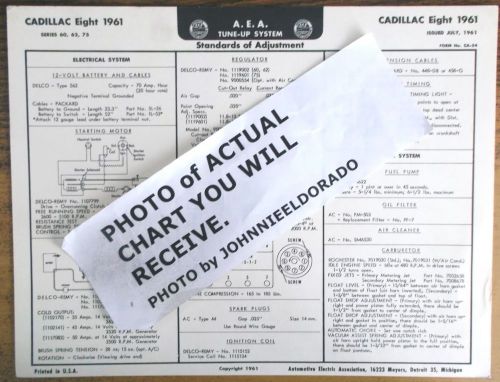 1961 cadillac eight series 60, 62 and 75 models aea tune up chart