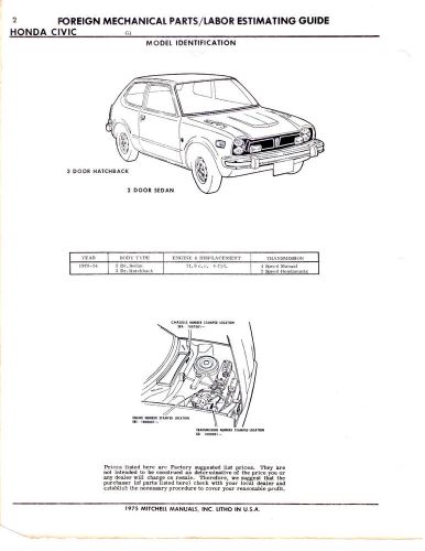1973 1974 honda civic 2 door 3 door chassis parts list &amp; part number sheets imp
