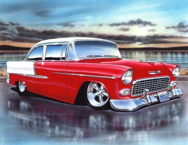 1955 chevy bel air 2 door sedan car art print red & white