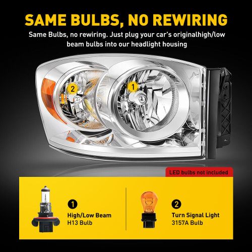 2X Chrome Headlights Assembly For Lamps 2006-2008 Dodge Ram 1500 2500 3500 Truck, US $100.99, image 2