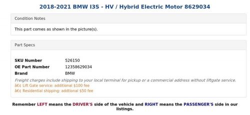2018-2021 BMW I3S - HV / Hybrid Electric Motor 8629034, US $2,499.99, image 3