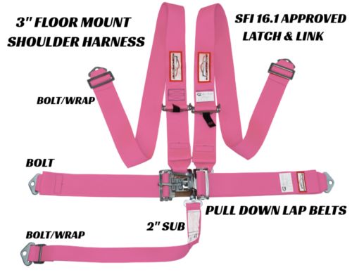 NHRA 3" RACE HARNESS SFI 16.1 BOLT IN , FLOOR MOUNT LATCH & LINK HOT PINK, US $70.99, image 2