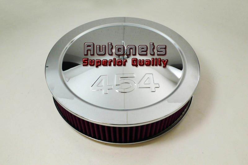 14" chevy 454 logo chrome steel air cleaner holley flat base washable filter