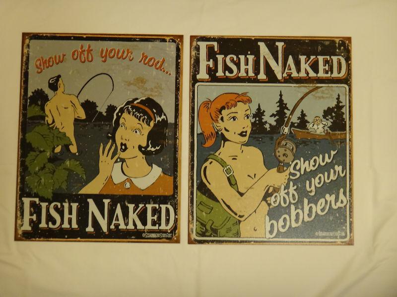 2 fish naked show of your rod & bobbers tin sign fishing boat man cave garage