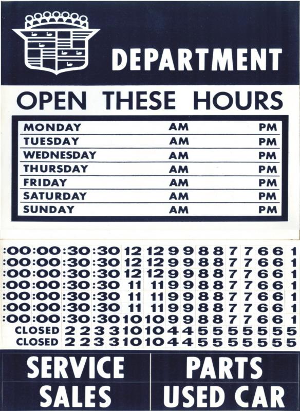 Cadillac dealer department hours sign maker sheet - nos
