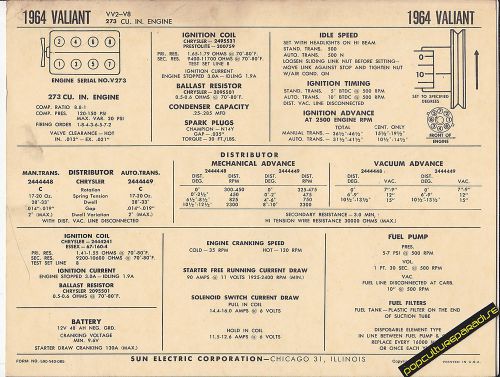 1964 plymouth valiant v8 273 ci engine car sun electronic spec sheet
