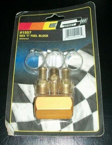 Mr gasket, 1557,universal t fuel block,anodized aluminum fuel block/3 brass-new-