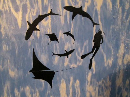 Diving wall window decal shark stingray diver ocean silhouette small size  6&#034;