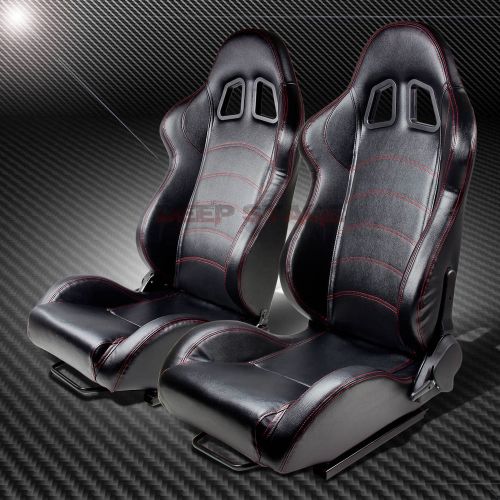 Reclinable left+right black vinyl leather red stitch sport bucket racing seat
