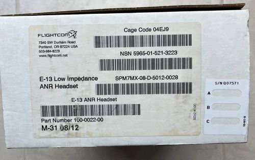 FLIGHTCOM E-13 Low Impedance ANR (Active Noise Reduction) Military Headset -NEW, US $240.00, image 2