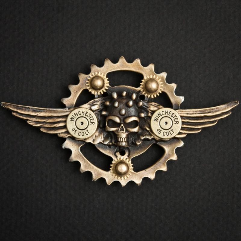 Winged skull pewter concho biker pin with .45 caliber shells and screw on post