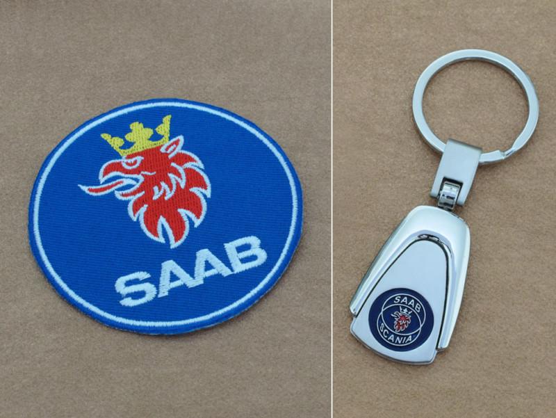 Set of 2 saab items, 3.0" embroidered saab badge & saab scania key ring, mint!