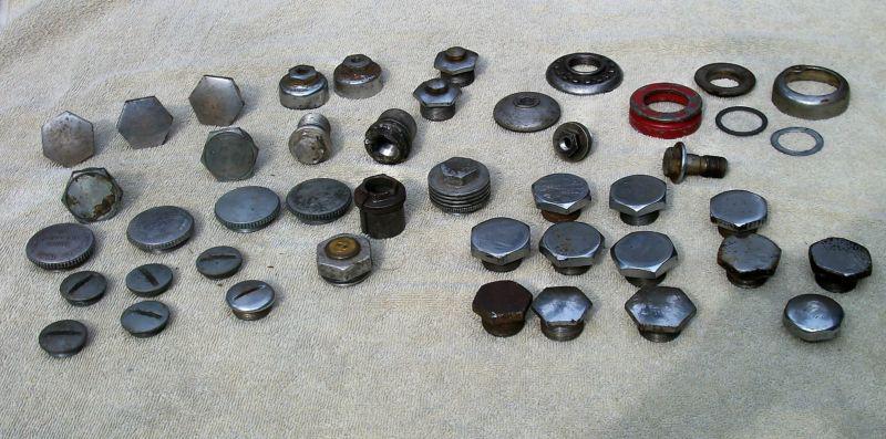 Bsa triumph norton parts lot, fork tube nuts, oil caps, chaincase caps, etc.
