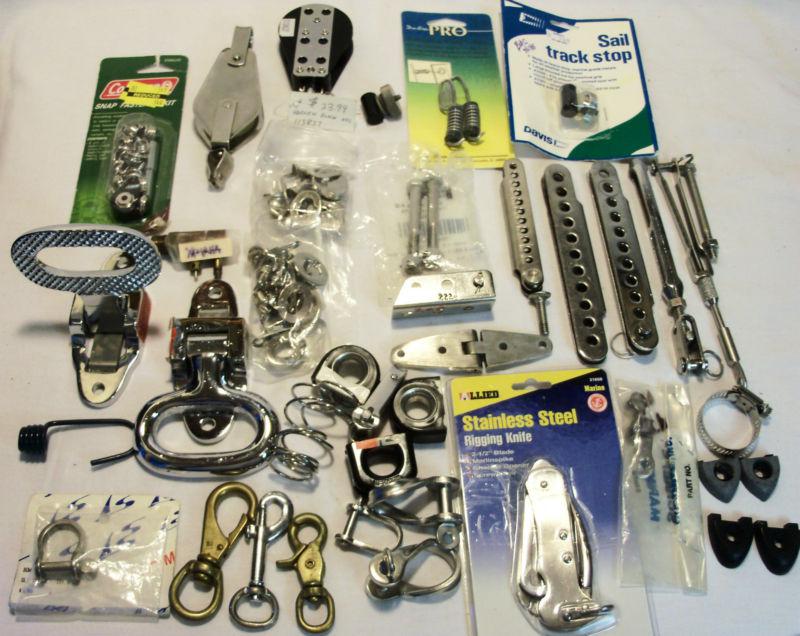 Sailboat parts large lot new rigging knife, steps, harken block brass hooks ++