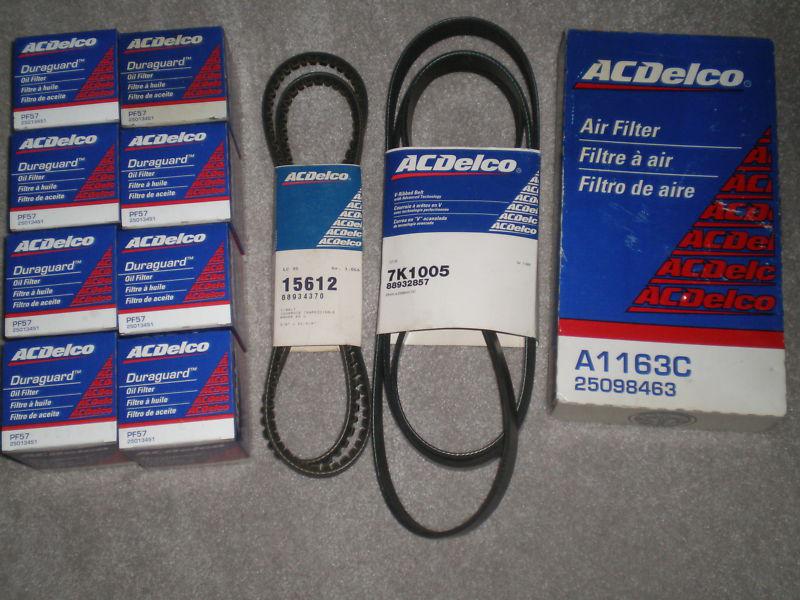 Lot of 8 ac delco oil (pf57)& 1-air filters a1163c and 1-v-belt and 1-s-belt