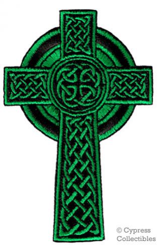 Irish heritage biker patch - celtic cross iron-on embroidered religious green