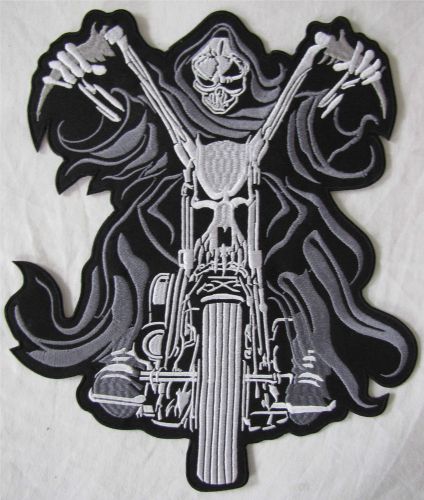 Rare large skeleton on chopper bike motorcycle biker embroidered sew badge patch