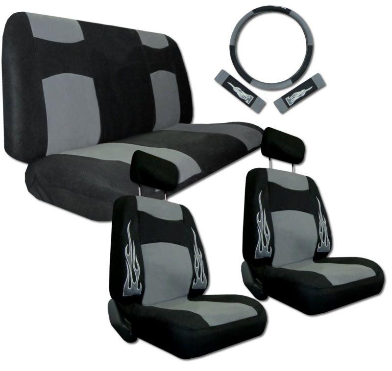 Velour fabric grey black flame sport racing car seat covers 9pc pkg #h