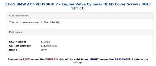 13-15 bmw activehybrid 7 - engine valve cylinder head cover screw / bolt set (3)