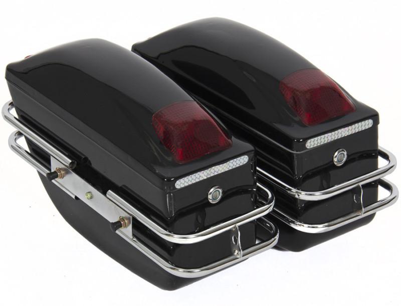 Black motorcycle cruiser hard trunk saddle bags trunk luggage w/ lights mounted