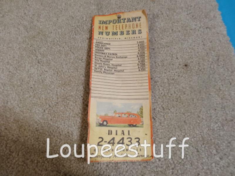 Sell VINTAGE "IMPORTANT NEW TELEPHONE NUMBERS" CARD POLICE AMBULANCE MO 24433 G552 in Camdenton