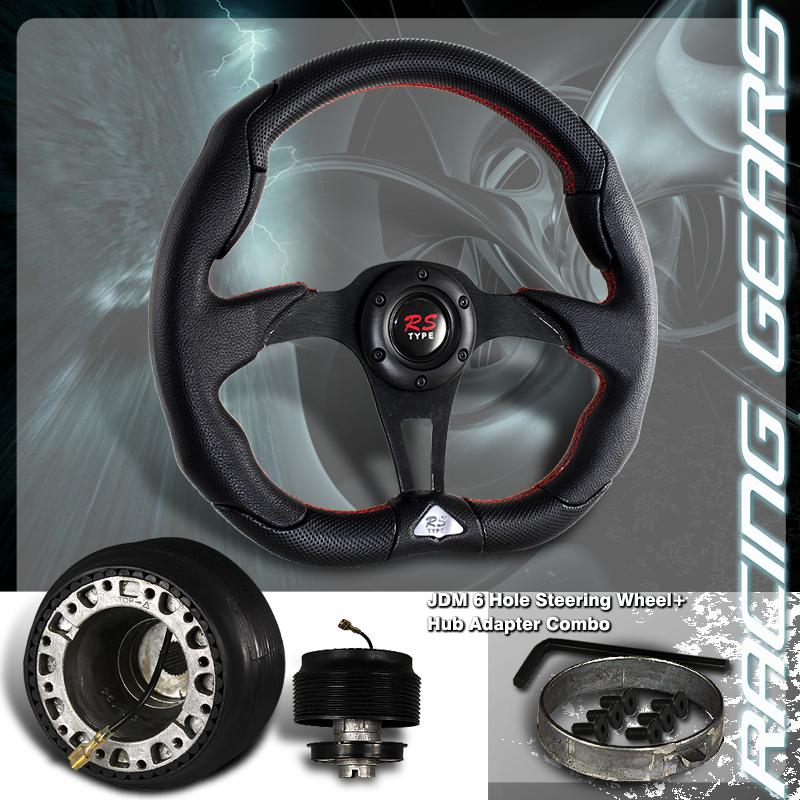 Acura honda 6 hole 320mm red stitched black pvc leather steering wheel + hub