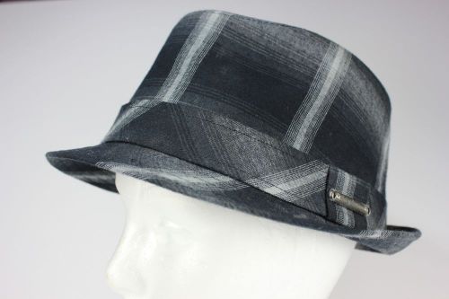 Hd harley davidson fedora derby hat size small gray &amp; black plaid metal buckle