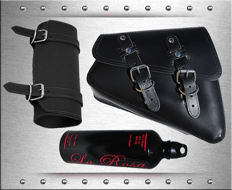 La rosa black premium leather harley sportster saddlebag + tool bag + gas bottle