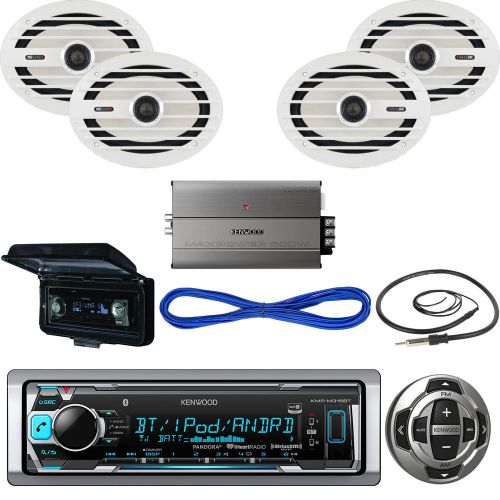 Kenwood bluetooth marine usb radio/remote,cover,6x9"speakers/wires, amp, antenna