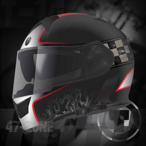 T14 mako matte black champion red m full face dual visor motorcycle helmet