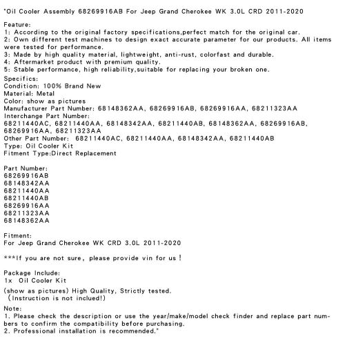 Oil Cooler Assembly 68269916AB For Jeep Grand Cherokee WK 3.0L CRD 2011-2020 T7, US $73.84, image 5