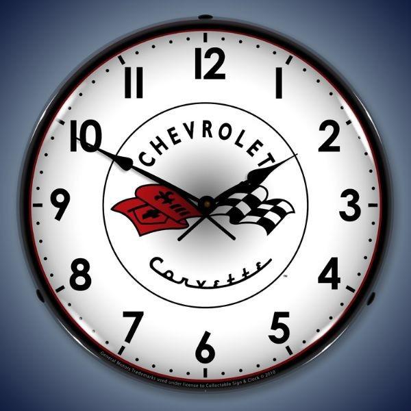 Chevrolet corvette lighted 14" sign art wall clock 24a vintage car garage art 