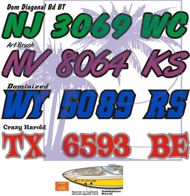 2 color boat, jetski registration numbers, 3" x 16" hooks, bait, bass, skies